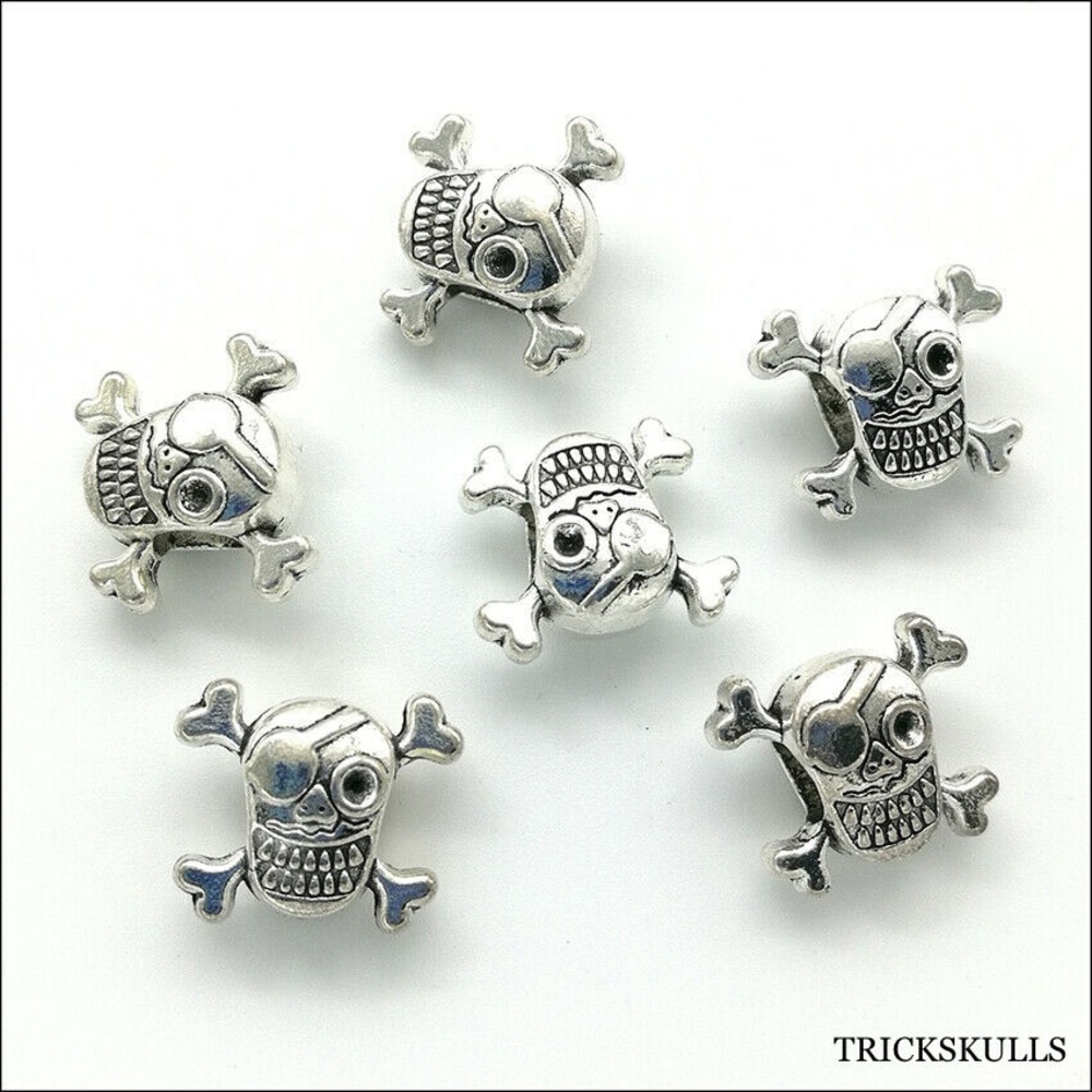 Silver Stainless Big Hole Pirate Skull Head Beads Charms (Pack of 5) 12mm x 15mm